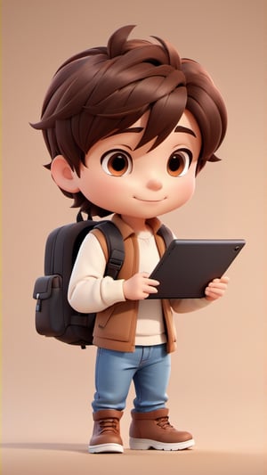 1boy, backpack, bag, soft background, casual boots, smart casual style, chibi, standing, male focus, hold tablet, brown black hair, short hair, simple background, solo, tattoo, desktop wallpaper design ,3d style,3d toon style, as icon pack