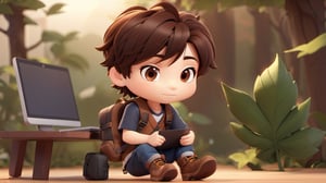 1boy, backpack, soft background, boots, chibi, work on computer,leaf, male focus, table, brown black hair, short hair, boy in left side,  simple background, solo, tattoo, desktop wallpaper design ,3d style,3d toon style