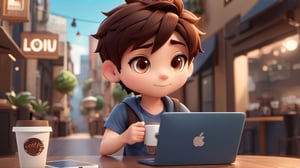 1boy, chibi, male focus, brown black hair, short hair, wearing casual t-shirt and jeans, holding a laptop bag, smartphone in hand, urban cafe background with a coffee cup, relaxed yet focused expression, simple background, solo, tattoo on the forearm, desktop wallpaper design, 3D style, 3D toon style