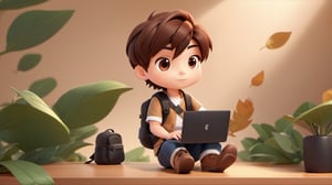 1boy, backpack, soft background, boots, chibi, work on computer,leaf, male focus, table, dektop, brown black hair, short hair, simple background, solo, tattoo, desktop wallpaper design ,3d style,3d toon style