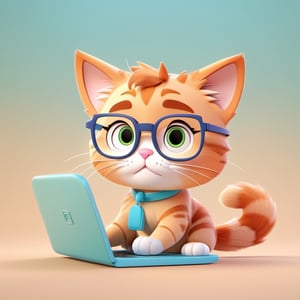 Chibi cat with glasses perched on its nose, typing away at a tiny laptop, focused and determined, yet looking endearingly overwhelmed, 3d render style, 3d toon style, flat color, no light shadow, product sticker design, pastel color, soft background, simple background ,Flat Design,3d style