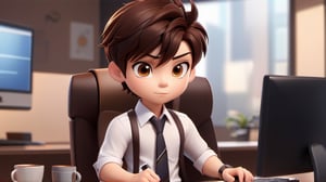 1boy, chibi, male focus, brown black hair, short hair, wearing formal shirt and tie, holding a briefcase, wristwatch, office background with desktop computer and coffee mug, confident expression, simple background, solo, tattoo on the forearm, desktop wallpaper design, 3D style, 3D toon style.