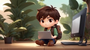 1boy, backpack, soft background, boots, chibi, work on computer,leaf, male focus, table, dektop, brown black hair, short hair, boy only 0.2 of size canvas in right side,  simple background, solo, tattoo, desktop wallpaper design ,3d style,3d toon style