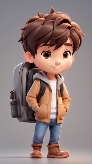 1boy, backpack, bag, soft gray background, casual boots, smart casual style, chibi, standing, male focus, hold tablet, brown black hair, short hair, simple background, solo, tattoo, desktop wallpaper design ,3d style,3d toon style, as icon pack