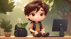 1boy, backpack, soft background, boots, chibi, work on computer,leaf, male focus, table, dektop, brown black hair, short hair, simple background, solo, tattoo, desktop wallpaper design ,3d style,3d toon style