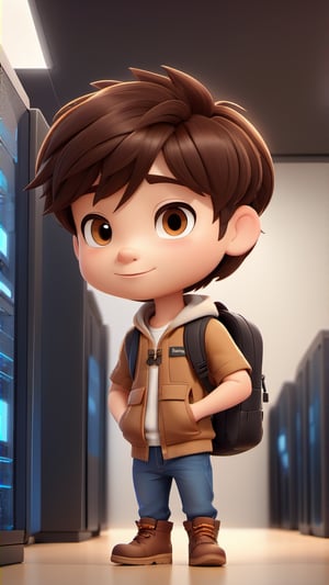 1boy, backpack, bag, soft background, in computer server room, casual boots, smart casual style, chibi, standing, male focus, hold tablet, brown black hair, short hair, simple background, solo, tattoo, desktop wallpaper design ,3d style,3d toon style, as icon pack