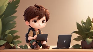 1boy, backpack, soft background, boots, chibi, work on computer,leaf, male focus, table, brown black hair, short hair, boy only 0.2 of size canvas in right side,  simple background, solo, tattoo, desktop wallpaper design ,3d style,3d toon style