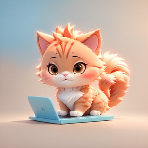 Chibi cat with glasses perched on its nose, typing away at a tiny laptop, focused and determined, yet looking endearingly overwhelmed, 3d render style, 3d toon style, flat color, no light shadow, pastel color, soft background, simple background 