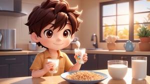 1boy, chibi, male focus, brown black hair, short hair, eating cereal, holding a spoon, milk bowl, toast on a plate, sunny kitchen setting, morning atmosphere, simple background, solo, tattoo on the forearm, desktop wallpaper design, 3D style, 3D toon style.