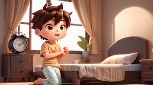 1boy, chibi, male focus, brown black hair, short hair, yawning, stretch pose, pajamas, sleepy eyes, bedroom setting with morning sunlight, alarm clock on a small table, simple background, solo, tattoo on the forearm, desktop wallpaper design, 3D style, 3D toon style.