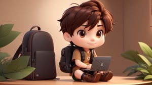 1boy, backpack, soft background, boots, chibi, work on computer,leaf, male focus, table, dektop, brown black hair, short hair, boy only 0.2 of size canvas in right side,  simple background, solo, tattoo, desktop wallpaper design ,3d style,3d toon style