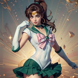 ((masterpiece, best quality)), Sailor moon, antonella roccuzzo, green mini skirt, sexy, curvy body, full lips, brown hair in ponytail, detailed face,perfect eyes,detailed hands,light background,mix of fantasy and realistic elements,vibrant manga,uhd picture , crystal translucency, vibrant artwork, smjupiter, dynamic pose, action pose, sailor jupiter