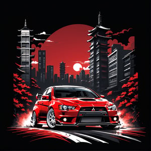 red mitsubishi lancer evo X, leonardo art style, detail picture, tshirt design black flat background,T shirt design, city of japan