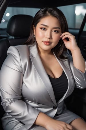 a woman, japanese woman, pretty, age 35,   brown skin, plus size woman, chubby, fat woman, plus size wear silver blazer, wear black shirt, grey skirt, open button, show her boobs, inside car, at night, horny, temptation, shot, professional lighting, young style, gen-z style, happy style, happy gesture, fun gesture, proportional fingers, perfect fingers