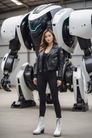 a pilot woman, malay pretty, age 25,  white skin,  wearing black jacket, showing big cleavage, sensual, full body shot, white racing boot, a big giant robot in the background, white background studio, inside hangar, poster style