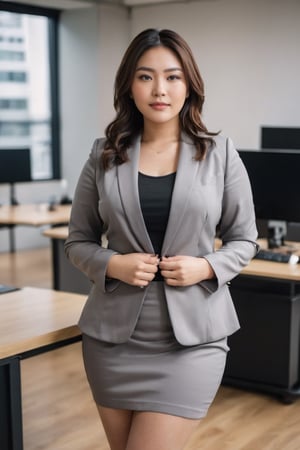 a woman, japanese woman, pretty, age 35,   brown skin, plus size woman, chubby, fat woman, plus size wear silver blazer, wear black shirt, grey skirt, white high heels, stiletto, standing inside an office  people in the background, serious, focus, wide, shot, long shot, full body shot, full shot, whole body,  whole body shot, until the feet, professional lighting, young style, gen-z style, happy style, happy gesture, fun gesture, proportional fingers, perfect fingers