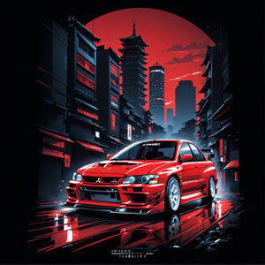 red mitsubishi lancer evo VII, leonardo art style, detail picture, tshirt design black flat background,T shirt design, city of japan