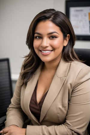 a woman, latin woman, pretty, age 35,   brown skin, plus size woman, chubby, sexy, wear brown blazer, wear khaki shirt, brown skirt, sitting down, sit on chair, inside an office cubicle, people in the background,   smiling wide, shot, long shot, body shot, professional lighting, young style, gen-z style, happy style, happy gesture, fun gesture, proportional fingers, perfect fingers