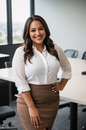 a woman, latin woman, pretty, age 35,   brown skin, plus size woman, chubby, sexy, wear white shirt, brown skirt, formal shoes, inside a meeting room, in the middle of meeting,   smiling wide, shot, long shot, body shot, professional lighting, young style, gen-z style, happy style, happy gesture, fun gesture, proportional fingers, perfect fingers