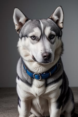 Un Husky Siberiano macho de manto gris.  1 año. El ojo izquierdo azul. El ojo izquierdo color marrón. Ojos hermosos. Sentado en el césped verde. Collar azul oscuro. Perro feliz. Árboles a lo lejos. Foto profesional. 4K. 8K. Fotografía realista. Fotografía de cuerpo completo. Pelaje realista. Rasgos bien definidos. Chapilla del collar con el nombre KODA. Cuerpo esbelto. Cuerpo delgado atlético.