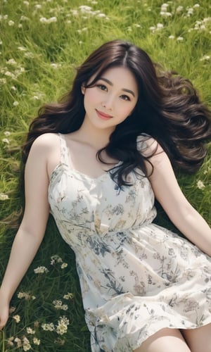 portrait 30yo woman, beautiful Japanese face, chubby body, messy black hair, white pale skin, seductive smile, summer mini dress, laying in the meadow, sleeping on your back, morning shot, movie lights, dramatic, high angle shot, highly intricate details, (full body:1.2)