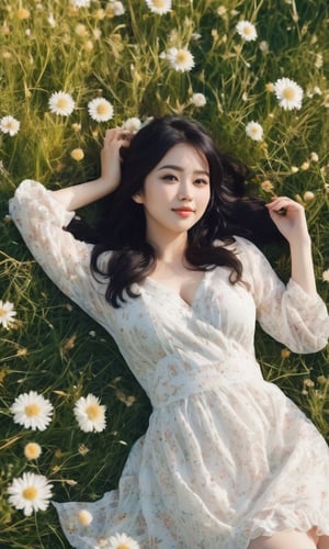 portrait 30yo woman, beautiful Japanese face, chubby body, messy black hair, white pale skin, seductive smile, summer mini dress, laying in the meadow, sleeping on your back, morning shot, movie lights, dramatic, high angle shot, highly intricate details, (full body:1.2)