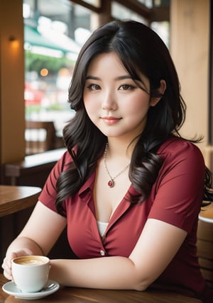 25yo girl, Japanese mixed cute face, (chubby body:1.2), pale skin, blemish natural skin, slightly smile, gorgeous wavy black hair, tight fitting short sleeve red blouses button, unbuttoned, medium perky breasts, diamond necklace, coffee shop, soft light, cool tone, highly detailed, sitting and enjoying a cup of coffee,LinkGirl