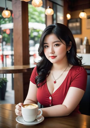 25yo girl, Japanese mixed cute face, (chubby body:1.2), pale skin, blemish natural skin, slightly smile, gorgeous wavy black hair, tight fitting short sleeve red blouses button, unbuttoned, medium perky breasts, diamond necklace, coffee shop, soft light, cool tone, highly detailed, sitting enjoying coffee,LinkGirl