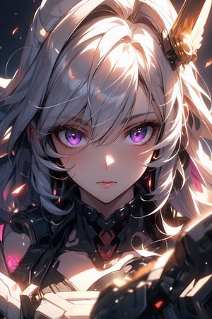 (masterpiece, best quality, ultra-detailed, best shadow), (detailed background,dark fantasy), (beautiful detailed face), high contrast, (best illumination, an extremely delicate and beautiful), ((cinematic light)), colorful, hyper detail, dramatic light, intricate details, (1girl, solo,white hair, sharp face,purple eyes, hair between eyes,dynamic angle), blood splatter, swirling black light around the character, depth of field,black light particles,(broken glass),magic circle,