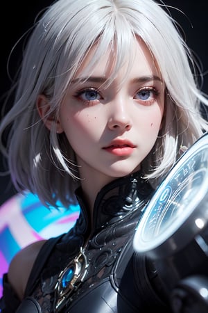 (masterpiece, best quality, ultra-detailed, best shadow), (detailed background,dark fantasy), (beautiful detailed face), high contrast, (best illumination, an extremely delicate and beautiful), ((cinematic light)), colorful, hyper detail, dramatic light, intricate details, (1girl, solo,white hair, sharp face,purple eyes, hair between eyes,dynamic angle), blood splatter, swirling black light around the character, depth of field,black light particles,(broken glass),magic circle,DonMG414 