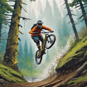 best quality, masterpiece, mountain biker, downhill bike, forest backround, doing a whip, rain, have a launch jump