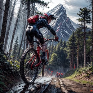 best quality, masterpiece, mountain biker, downhill bike, forest backround, doing a whip, rain, have a launch jump