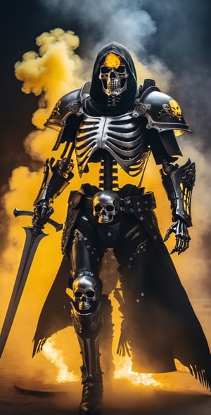 A Skeleton wearing dark warn out Armor holding dark skull sword, using black magic surrounded by yellow smoke evil smile burning eyes Gothic Horror Fantasy, cyborg style,6000,cyberpunk style,cyborg