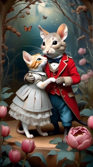 best quality,    two parts in one art, mouse and cat marriage, close up  well-dressed groom  cute cat and  close up well-dressed bride  cute mouse hugging   , dark tales,   romantic, animal wedding ceremony,  , otherworldly  , glittering,  night, forest , falling transparent  peony petals,   magic, unusual,  Van Gogh , Craola , Dan Mumford, Andy Kehoe,  Miyazaki ,Beatrix Potter, , 2d, flat, cute, adorable, vintage, art on a cracked paper, fairytale,   storybook detailed illustration, cinematic, ultra highly detailed, tiny details, beautiful details, mystical, luminism, vibrant colors, complex background red