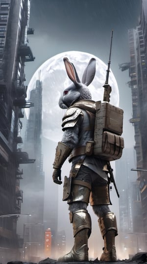 Rabbit warrior, broken armour, protecting a child, dystopian future city, fog, destroyed sky scrapers, broken vehicles, rain, pouring down, moon high up in the sky, seen from below, ultra detailed, award winning, depth in field, full body image, 