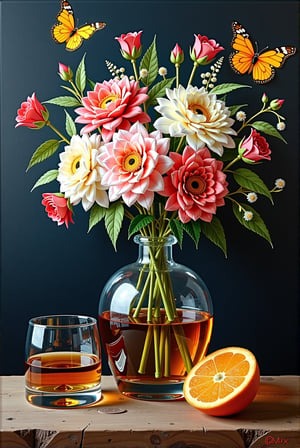  Painting, vanitas with flowers, whiskey, butterflies