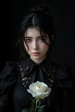 ((masterpiece, best quality)),best aesthetic,1girl, solo, long hair, black dress, flower, ribbon, black background, black hair, rose, hair ribbon, green eyes, long sleeves, white rose, closed mouth, black ribbon, upper body, cinematic lighting