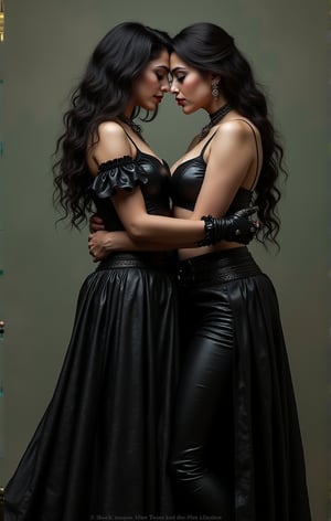   Realistic gothic digital photography women portrait romancing each other, plus size with leather outfit, indian goddess, rambha, urvashi, menake, full body, embracing, rambha, katrna, sunny leone