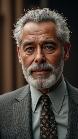 ((film grain, cinematic film still, vintage aesthetic, grainy, noisy, gritty, grunge)) Photo of man, handsome mature man, fashion, high quality image, extremely detailed, close-up, Close-up of a distinguished silver-haired man with a neatly trimmed beard, deep-set eyes, and a calm expression, wearing a tailored grey suit with a patterned tie, exuding sophistication and wisdom.