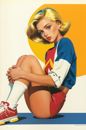 A gorgeous and beautiful, top-heavy blonde model with a minimal and elegant, cozy, retro style from the 1980s. This retro illustration is a Riso print featuring jet powers, magazine, full-body, vintage paint, clean white background, multi-color, bold line, advanced color matching, and hyper-detailed design.