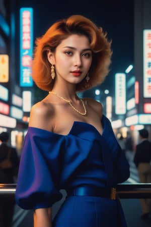  A stunning elegant woman in Tokyo, 80s, night setting, 90s anime style.