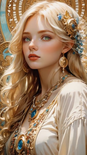 (Byzantine Heads: Blonde) by Mucha: a blonde hair girl wears a white scarf in her hair embellished with jewels and an ornate metal disk fringed with pearls. (masterpiece, top quality, best quality, official art, beautiful and aesthetic:1.2), (1girl:1.4), portrait, extreme detailed, highest detailed, simple background, 16k, high resolution, perfect dynamic composition, bokeh, (sharp focus:1.2), super wide angle, high angle, high color contrast, medium shot, depth of field, blurry background,b3rli