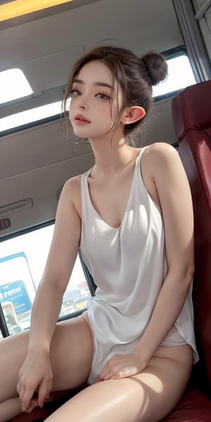 Rana the Elf, Masterpiece, Cinematic, inside the bus, seat, crowded, groped by another man, 1female, beautiful and delicate, bun long flow hair, sweating hot beautiful, smooth skin, seductively, dynamic pose, seductive pose, lustfully pose spreading legs,low_angle, High detailed ,realhands