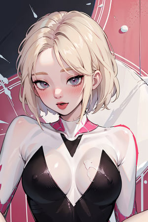 (masterpiece, best quality, highres:1.3), ultra resolution image, (1girl), (solo), (POV, dynamic angle), gwen stacy, spider web print, spider gwen, short hair, flowing hairs,blonde hair, gigantic_breasts, nipples, torn and see-through body suit, seductive smile ,open mouth, ((blush)), naughty face, orgasm, torogao, drooling, tongue, cum on face, cum on body, superhero,gwenstacy