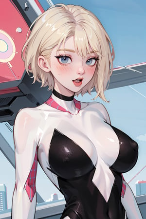 (masterpiece, best quality, highres:1.3), ultra resolution image, (1girl), (solo), (POV, dynamic angle, from top), gwen stacy, spider web print, spider gwen, short hair, flowing hairs,blonde hair, gigantic_breasts, see-through body suit, seductive smile ,open mouth, ((blush)), naughty face, orgasm, torogao, drooling, tongue, superhero,gwenstacy