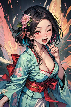 anime, hdr, soft light, ((best quality)), ((masterpiece)), (detailed), black hair, red eyes, yandere, forehead, open mouth smiling, eyes closed big fangs, short hair, japanese clothes, pink kimono, multicolored hair, pink ribbon, cleavage, standing, destruction, sparks, 
best quality,masterpiece,illustration,super detailed,High detail RAW photo,professional photograph,ultra-detailed,CG,unity,8k wallpaper,extremely detailed CG,extremely detailed,extremely detailed,Amazing,finely detail,official art,High quality texture,highres,
masterpiece, dynamic angle, most beautiful artwork in the world, illustration, cinematic light
 1 girl, long dress, extremely detailed, fractal art, colorful,flowers, highest detailed, zentangle, (dynamic pose), (abstract background), (shiny skin), (many colors),earrings,feathers,butterfly,nezuko,REM 