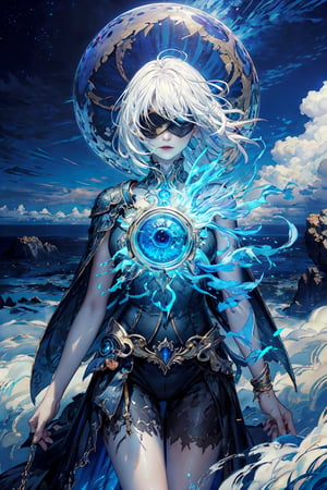 masterpiece, best quality,ultra-detailed, colorful, watercolor, photographic cinematic super super high detailed super realistic image, 4k HDR high quality image, masterpiece 
solo,Create an illustration of a character representing the Eye Concealment genre, known as the "Veiled Oracle." White hair This mystical figure wears a decorative blindfold, exuding an aura of enigmatic wisdom, standing amidst a surreal landscape with floating islands and a luminous moonlit sky.