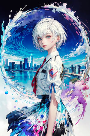 masterpiece, best quality,ultra-detailed, colorful, watercolor, A white short hair android  girl side face, future city