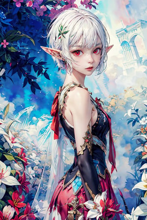 masterpiece, best quality,ultra-detailed, colorful, watercolor, A white short hair red eyes girl side face, elf ears 