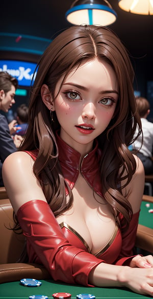 A surrealistic rendering of Scarlet Witch, her face a mix of determination and amusement as she plays a game of poker with a group of unknown players.